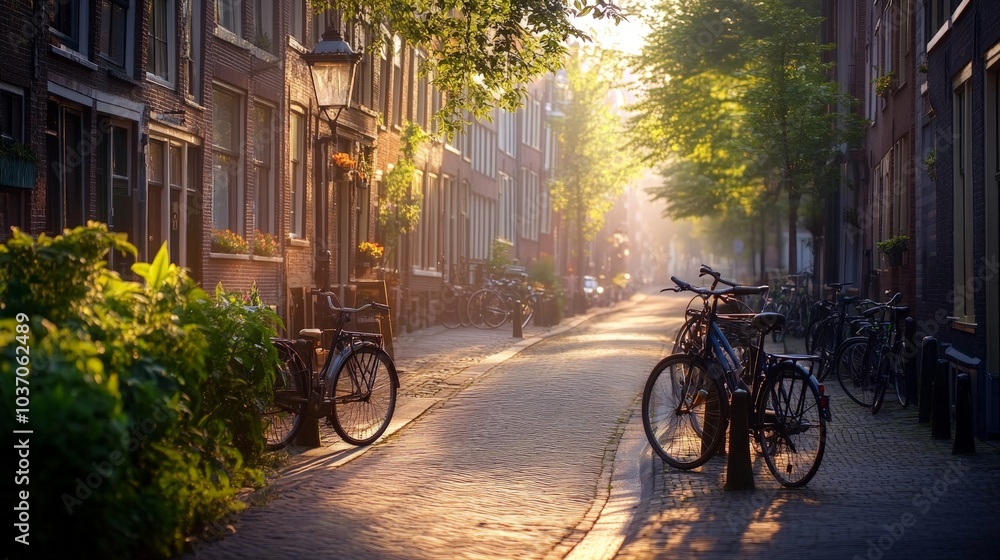 Serene Morning Light Illuminates a Charming Amsterdam Street Lined with Lush Greenery and Parked Bicycles, Capturing the Essence of Tranquil Urban Life.