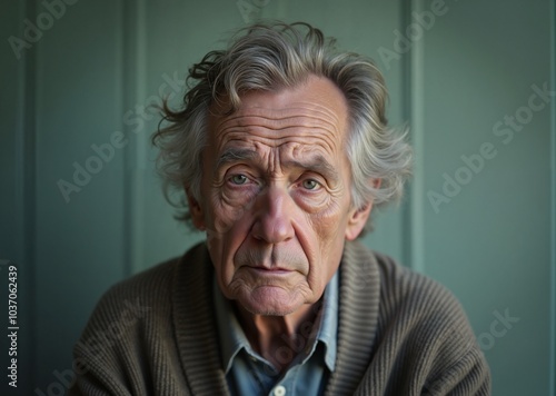 Elderly man with concerned expression portraying pain against green background