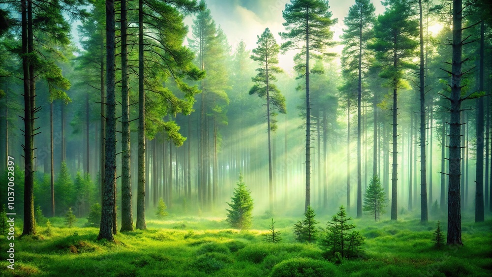Fototapeta premium A serene forest landscape with tall trees and a misty atmosphere on a green background, foliage, tall trees, foliage arrangement