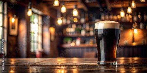 A rich and creamy pint of Guinness stout in a dark pub atmosphere, Irish drinks, Guinness, cozy ambiance