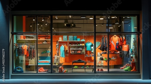A dynamic store window displaying a variety of sporting goods, including athletic apparel, equipment, and accessories. 