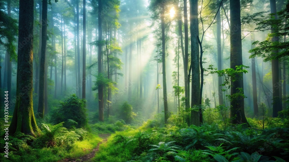 A misty morning in a dense forest with towering trees and underbrush, forest, landscape A misty morning in a dense forest with towering trees and underbrush, forest, landscape