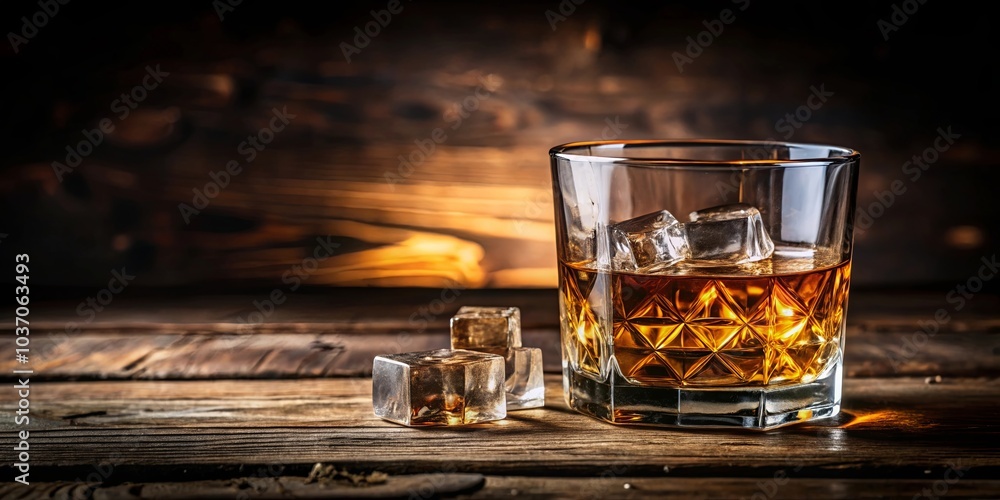 A glass of amber liquid with ice cubes resting on a weathered wooden surface, illuminated by warm light, creating a sense of calm and reflection.