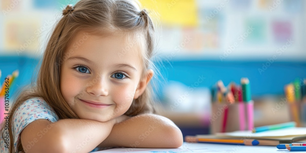 Joyful Schoolgirl with Notebook and Pencil, Blurred Background