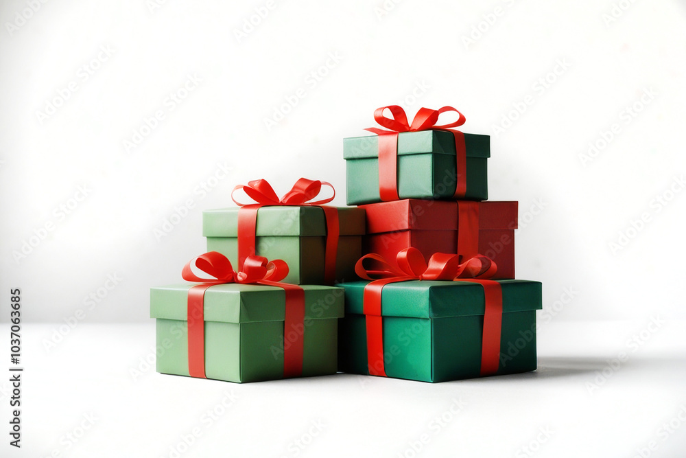 Obraz premium Stack of green and red gift boxes tied with festive ribbons on white background