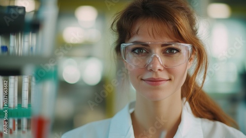 A young European female scientist in a laboratory wearing glasses and a lab coat, showcasing a commitment to research and scientific advancement.