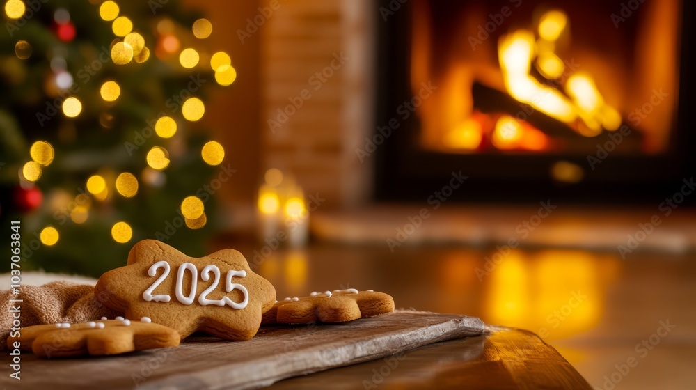 Obraz premium Cozy New year background. Cookie with the year 2025 written on it with icing. festive ambiance, Christmas tree adorned with lights and ornaments, and a fireplace. Christmas holidays at home concept.