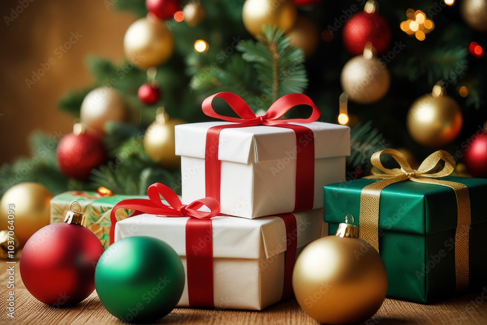 Christmas gift boxes wrapped in red and green ribbons lying under a decorated tree Christmas gift boxes wrapped in red and green ribbons lying under a decorated tree
