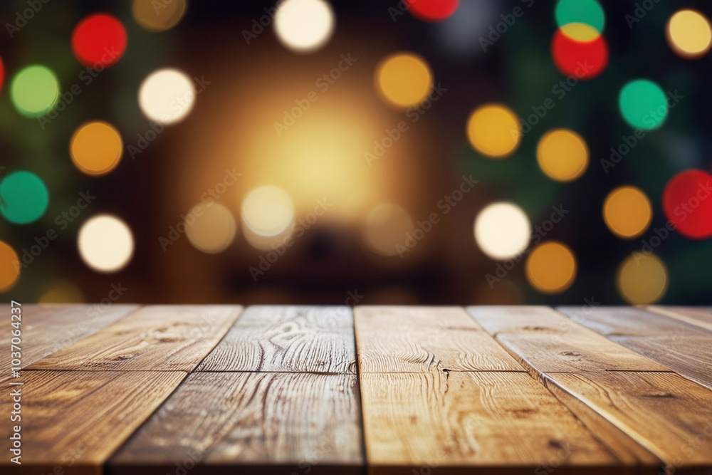 Empty wooden table mockup with festive Christmas bokeh lights in the background Empty wooden table mockup with festive Christmas bokeh lights in the background