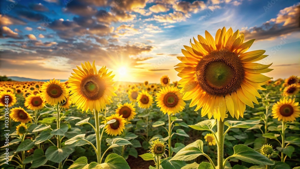Fototapeta premium A field of tall sunflowers stretching towards the sky in a warm sunlight setting, greenery, sunflowers, background