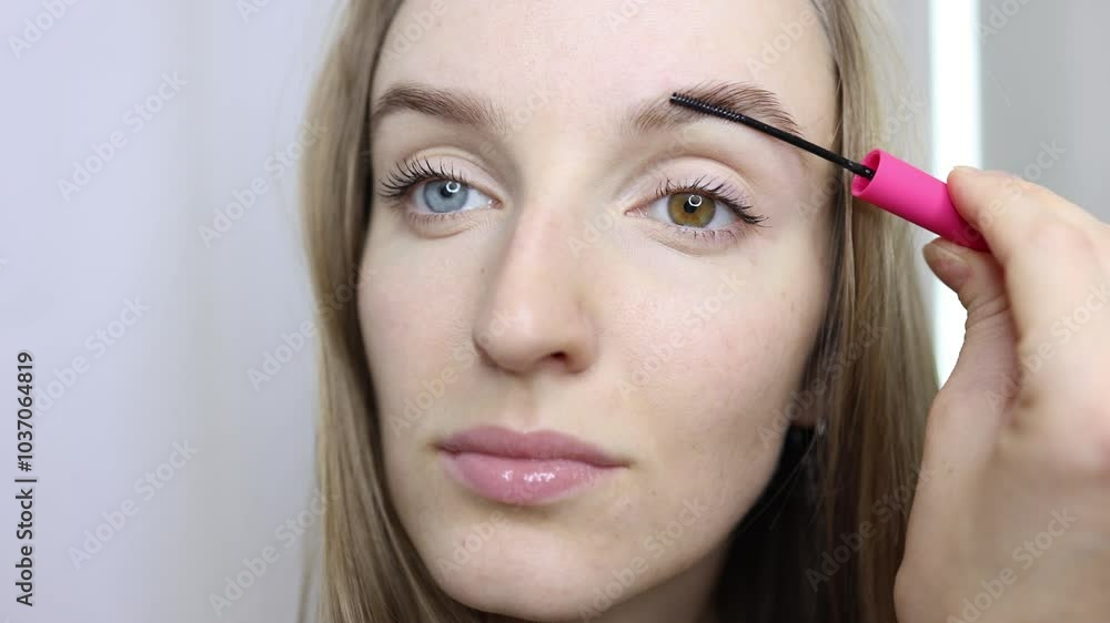 A close-up video, a beautiful young woman with heterochromia skillfully applies makeup and styles her eyebrows using brow gel. The light background accentuates her unique features A close-up video, a beautiful young woman with heterochromia skillfully applies makeup and styles her eyebrows using brow gel. The light background accentuates her unique features