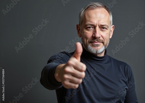 Confident mature man with optimistic expression giving thumbs up against gray background