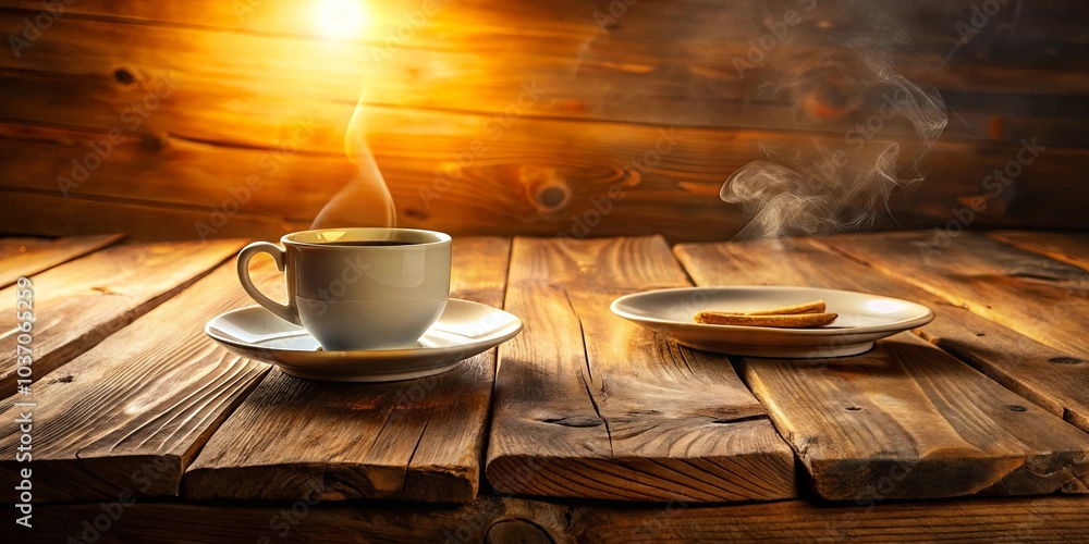 A warm cup of coffee and a plate of biscuits resting on a rustic wooden table, bathed in soft, golden light. A warm cup of coffee and a plate of biscuits resting on a rustic wooden table, bathed in soft, golden light.