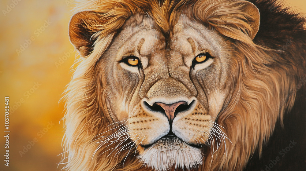 Front-Facing Lion Portrait with Intense Stare and Majestic Mane on Golden Hue Front-Facing Lion Portrait with Intense Stare and Majestic Mane on Golden Hue