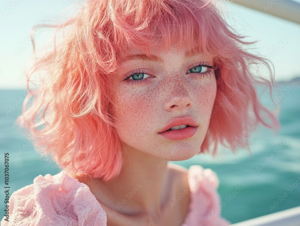 Fototapeta premium Pink-Haired Female with Red Dot Tattoo
