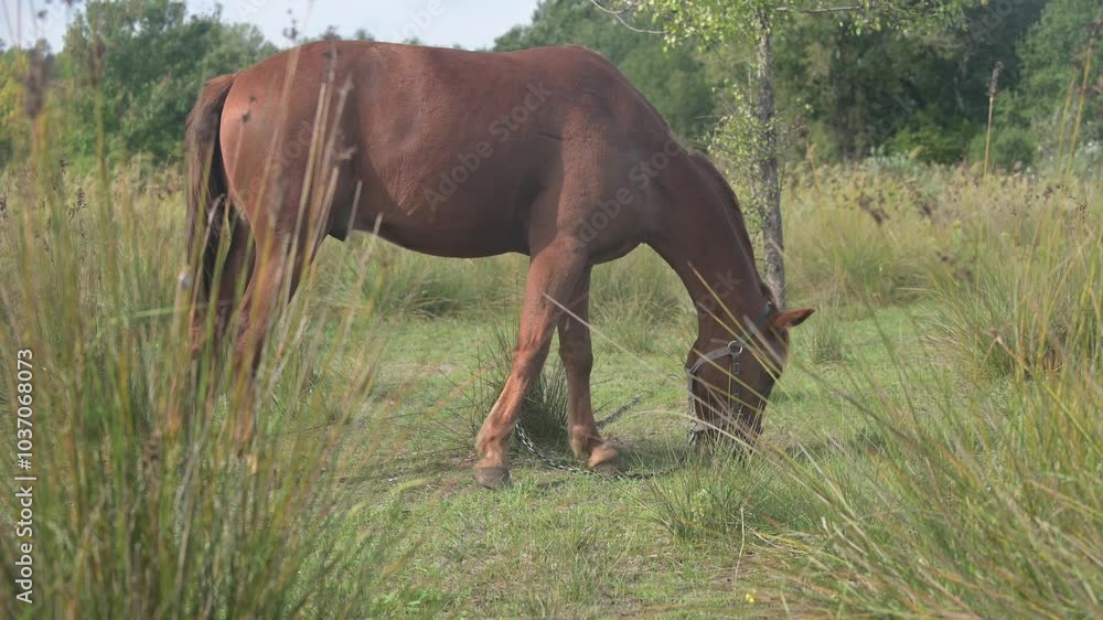 A brown horse grazing peacefully in a green field, surrounded by tall grass and trees, under a calm, natural landscape on a sunny day A brown horse grazing peacefully in a green field, surrounded by tall grass and trees, under a calm, natural landscape on a sunny day