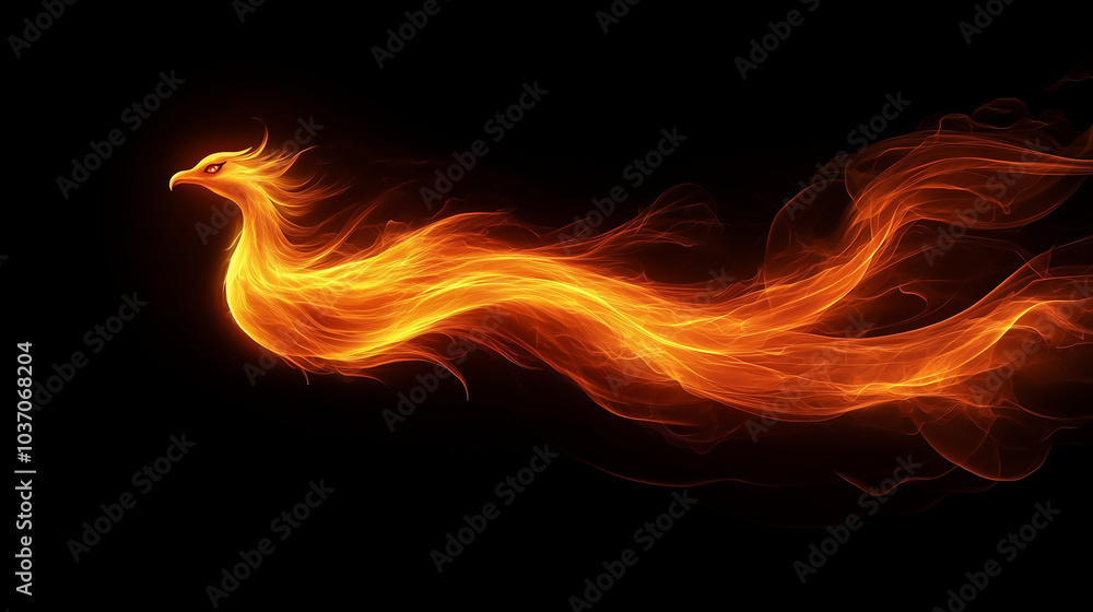 Fototapeta premium A phoenix made of fire, soaring across a dark background. The bird's fiery form symbolizes rebirth, transformation, and resilience. Renewal and strength