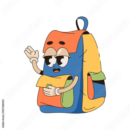 Pop art style backpack or vector bag character. Funny schoolbag or journey baggage with face. Cartoon or comic book rucksack for kid or student. Education mascot design. Back pack symbol. Baggage.