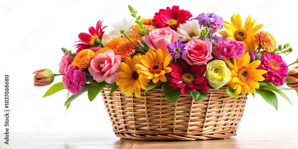A bouquet of colorful flowers in a wicker basket, with stems and petals facing upwards, against a soft white background, spring morning, fresh cut flowers, botanical A bouquet of colorful flowers in a wicker basket, with stems and petals facing upwards, against a soft white background, spring morning, fresh cut flowers, botanical