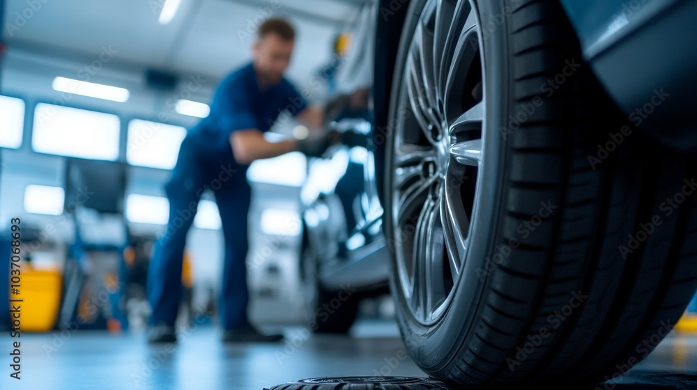 Close-Up of a Mechanic Adjusting a Tire in a Well-Equipped Service Bay Close-Up of a Mechanic Adjusting a Tire in a Well-Equipped Service Bay
