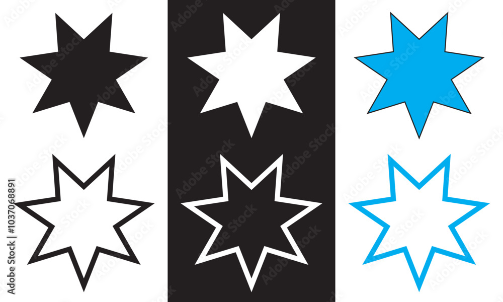 Bahai icon set. nine pointed Baha vector icon. Persian star symbol for UI designs. . Vector illustration isolated on white and black background. EPS 10 Bahai icon set. nine pointed Baha vector icon. Persian star symbol for UI designs. . Vector illustration isolated on white and black background. EPS 10