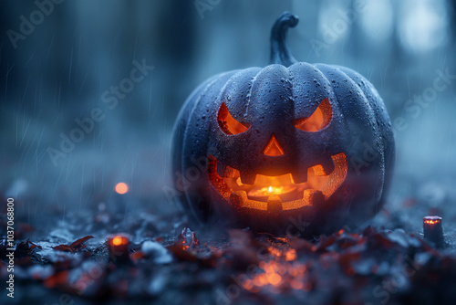 Scary Halloween illustration with an evil glowing pumpkin monster. photo