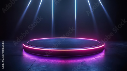 A modern illuminated circular platform with vibrant neon lights in a dark setting, ideal for showcasing products or performances, creating a dynamic visual effect.