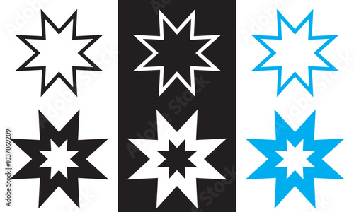 Bahai icon set. nine pointed Baha vector icon. Persian star symbol for UI designs. . Vector illustration isolated on white and black background.  EPS 10