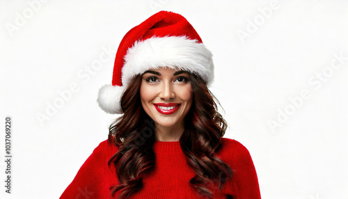 Beautiful woman wearing santa hat smiling on white background