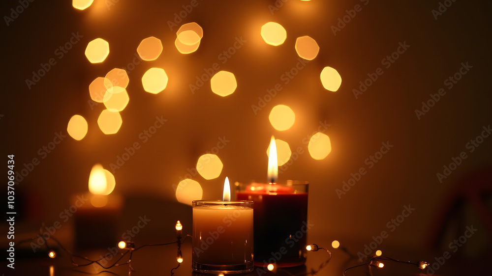 Glowing candles surrounded by warm bokeh lights for a cozy atmosphere Glowing candles surrounded by warm bokeh lights for a cozy atmosphere