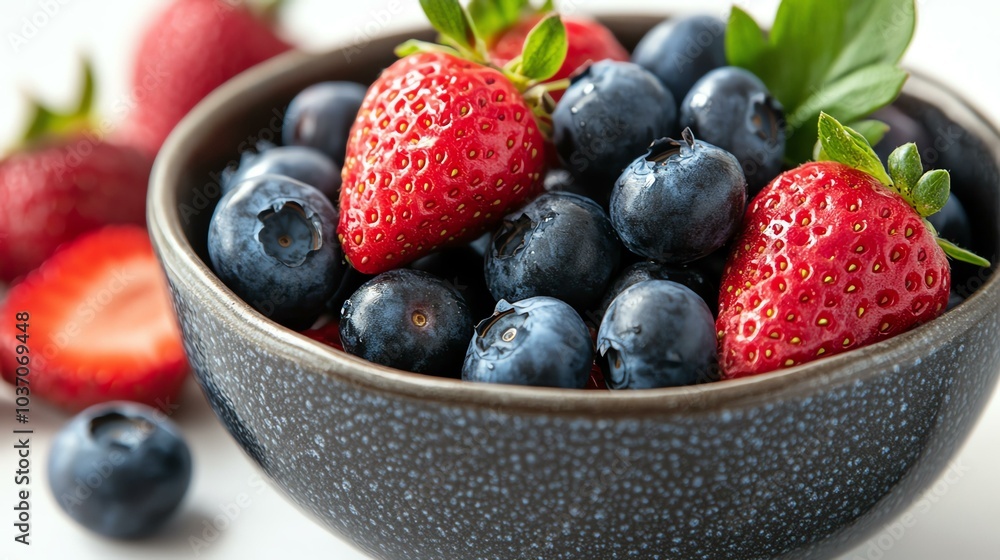 Fresh blueberries and strawberries in a bowl on a white background. Fresh blueberries and strawberries in a bowl on a white background.