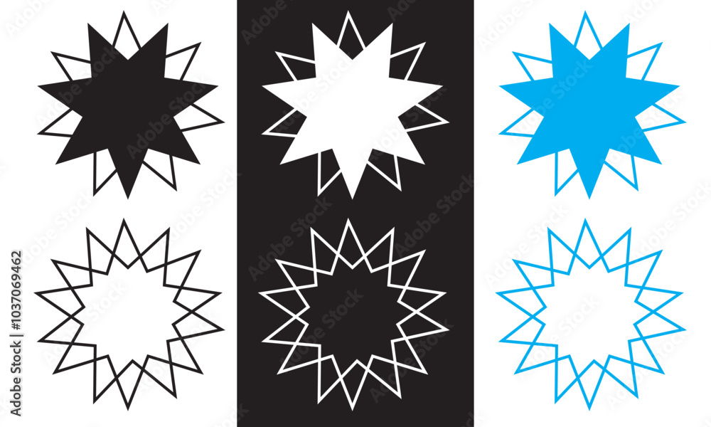 Bahai icon set. nine pointed Baha vector icon. Persian star symbol for UI designs. . Vector illustration isolated on white and black background. EPS 10 Bahai icon set. nine pointed Baha vector icon. Persian star symbol for UI designs. . Vector illustration isolated on white and black background. EPS 10