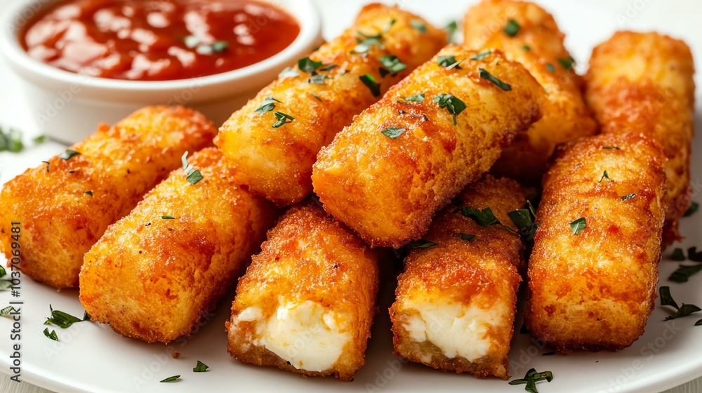 Crispy golden cheese sticks with red dipping sauce. Crispy golden cheese sticks with red dipping sauce.