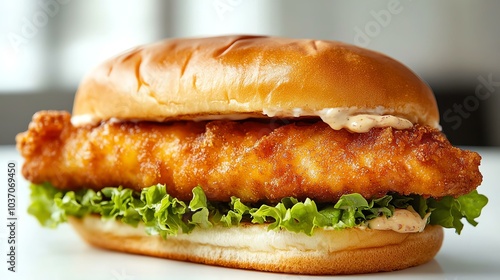 Crispy fried fish sandwich with lettuce and sauce on a toasted bun.