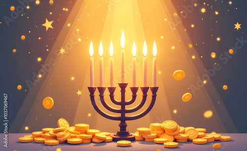 Menorah with lit candles surrounded by gold chocolate coins and glowing stars for Hanukkah
 photo