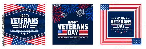 happy Veterans day social media post banner or background design template set with usa flag. Honoring all who served. Veterans day background with american flag. Veterans day social media post banner.