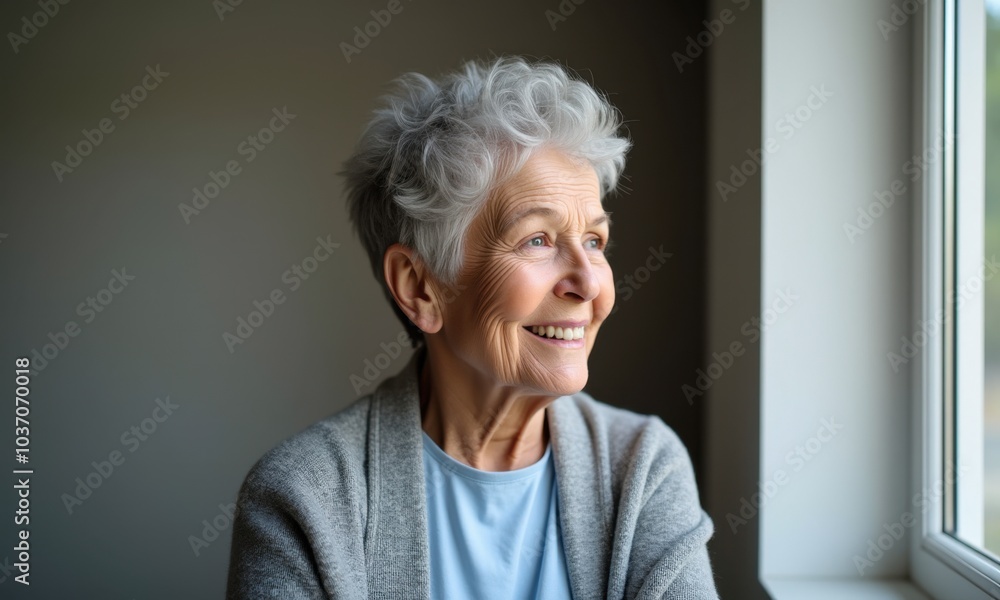 Mature woman looking out the window with a contented expression. Mature woman looking out the window with a contented expression.
