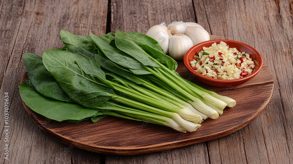 Fresh spinach leaves displayed on a rustic wooden board, accompanied by garlic and minced ingredients. Perfect for healthy cooking and meal preparation. Fresh spinach leaves displayed on a rustic wooden board, accompanied by garlic and minced ingredients. Perfect for healthy cooking and meal preparation.