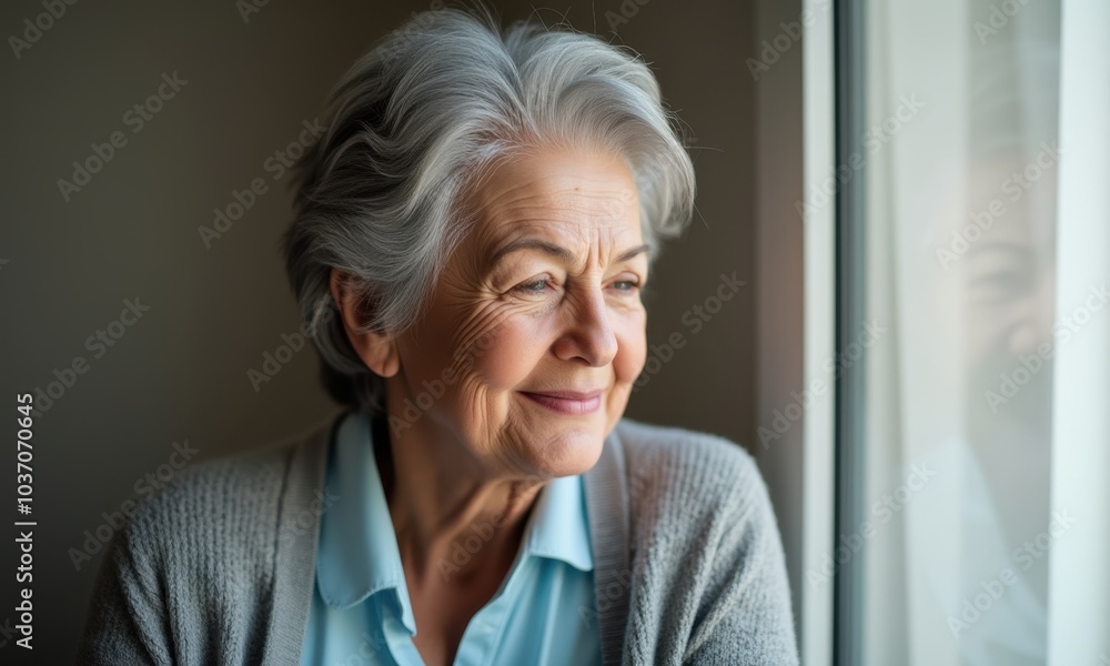 Senior lady looking content as she gazes out the window. Senior lady looking content as she gazes out the window.