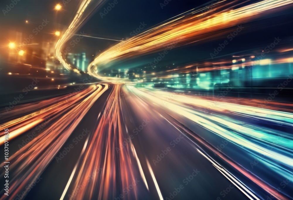 Glare on an empty night road. Speed, view from the car, bright lights, night city Glare on an empty night road. Speed, view from the car, bright lights, night city