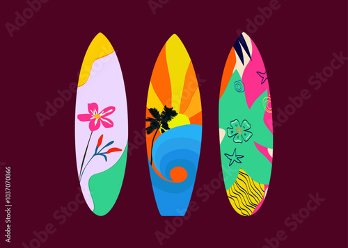 Surfboard designs, summer beach surfing board, surfing board California beach vector design. 