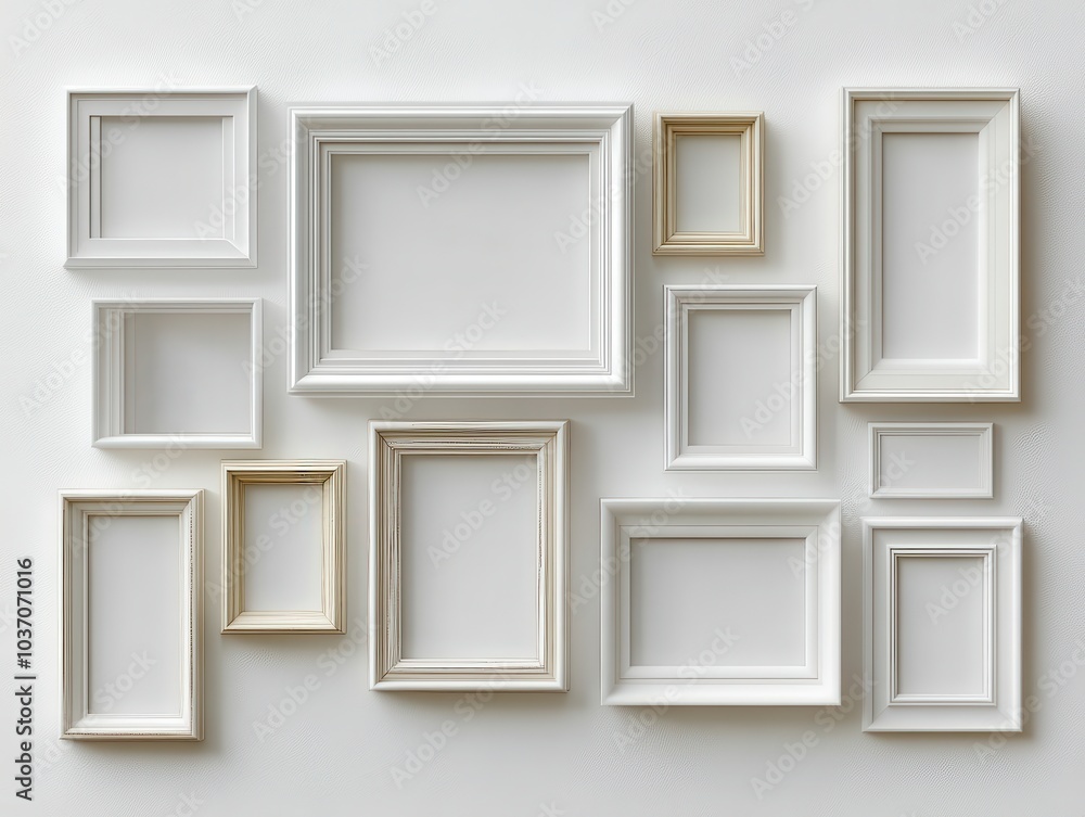 Modern frame display, minimalist arrangement, elegant white background, harmonious design, perfect for showcasing art or photography Modern frame display, minimalist arrangement, elegant white background, harmonious design, perfect for showcasing art or photography