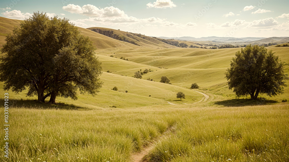 Fototapeta premium A scenic rural landscape with rolling hills, grassy fields, and a winding dirt path. The background features a hazy blue sky with fluffy white clouds. The overall scene has a warm, earthy tone and a s