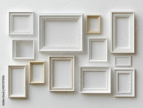 Modern frame display  minimalist arrangement  elegant white background  harmonious design  perfect for showcasing art or photography