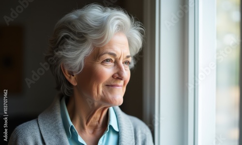 Senior lady smiling as she reflects near the window.