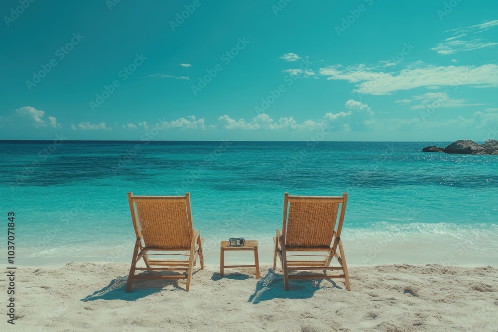 Relaxing beach chairs with a stunning ocean view on a sunny day in a tropical paradise Relaxing beach chairs with a stunning ocean view on a sunny day in a tropical paradise