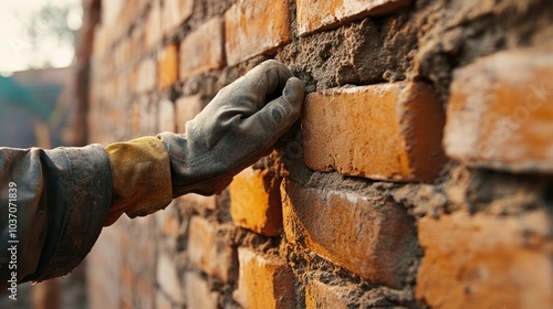 A Gloved Hand Applying Mortar to a Brick Wall
