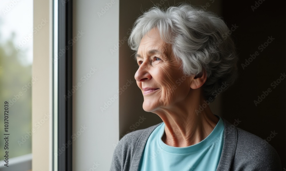 Mature woman with short gray hair smiling warmly near a window. Mature woman with short gray hair smiling warmly near a window.