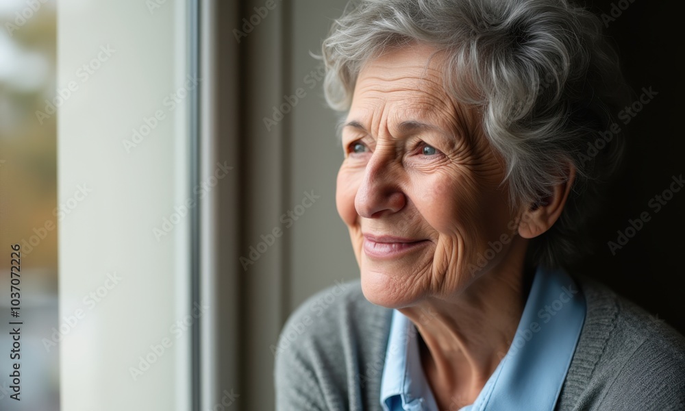 Happy elderly lady enjoying a moment of quiet reflection near a window. Happy elderly lady enjoying a moment of quiet reflection near a window.