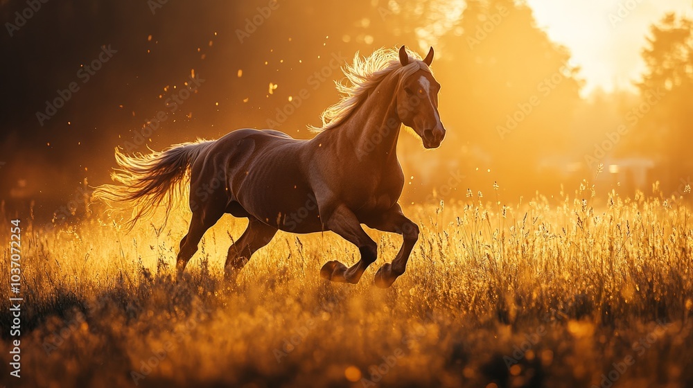 Majestic Horse Galloping Through Golden Fields at Sunset, Capturing the Essence of Freedom and Nature's Beauty in a Serene Landscape Majestic Horse Galloping Through Golden Fields at Sunset, Capturing the Essence of Freedom and Nature's Beauty in a Serene Landscape